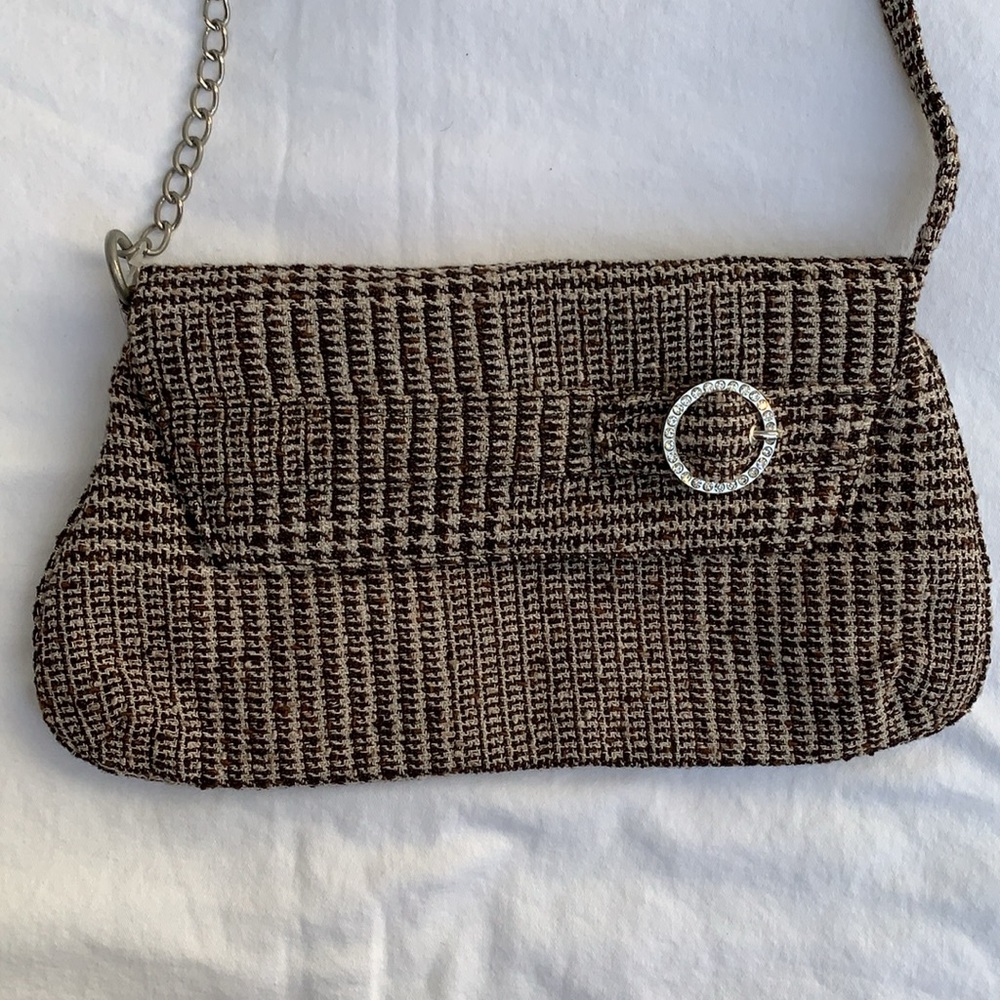 Large brown cream tweed clutch shoulder bag w/ rhinestone detail NWT Lane Bryant - Picture 6 of 14